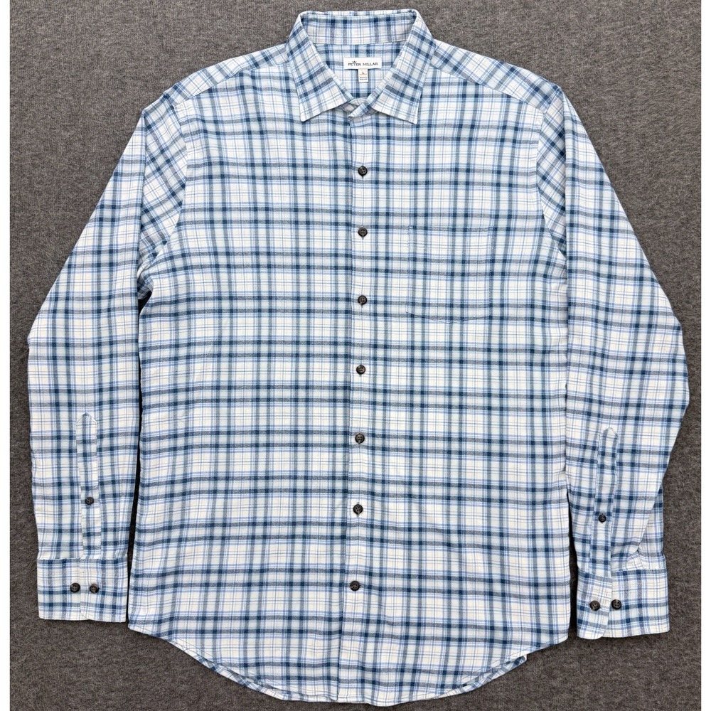 Peter Millar Mens L Blue Plaid Taiga Performance Flannel Shirt MF19EW60SL